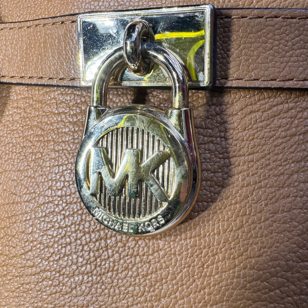 Michael Kors Hamilton Satchel Acorn Brown Pebbled Leather Gold Lock Hand Bag - Picture 4 of 16